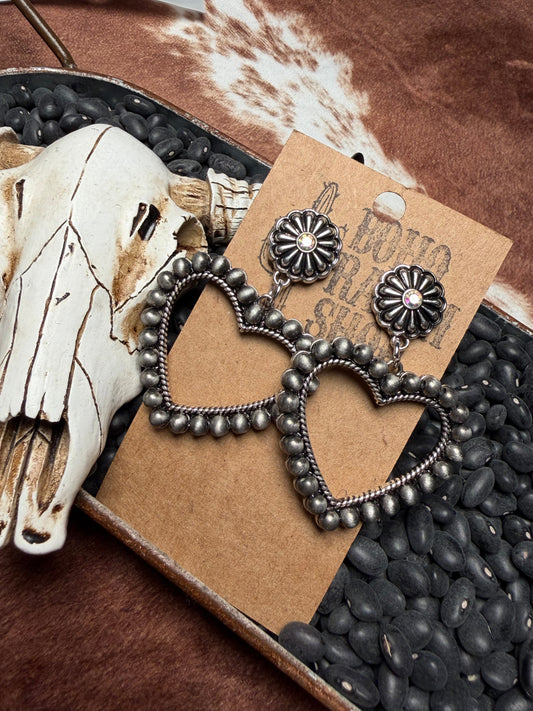 Western Concho Navajo Pearl Heart Hoop Post Drop Earrings