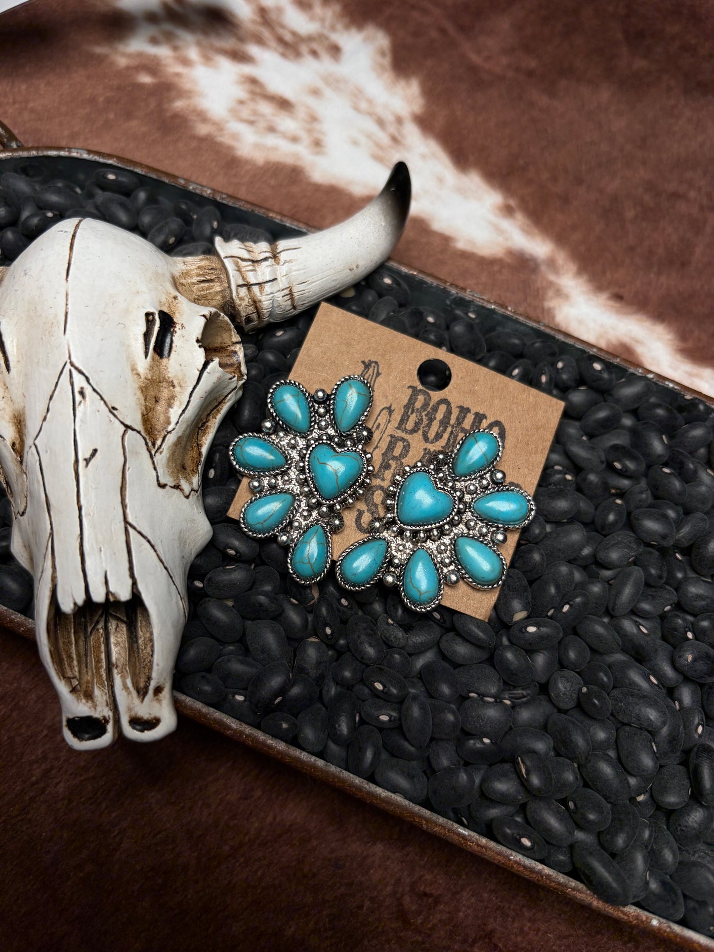 Heart Squash Blossom Turquoise Stone Stone Stud Earrings